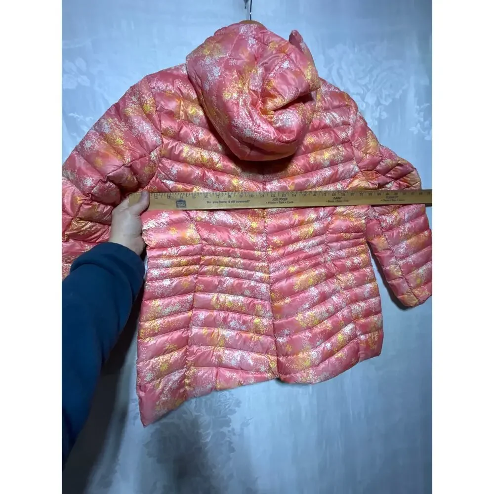 Lands End Puffer Coat Large 14 16 Down Filled Packable NEW Pink Yellow Abstract - Picture 7 of 12